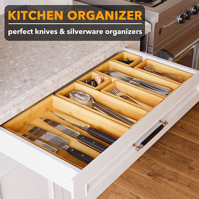 SpaceAid 7-Piece Bamboo Drawer Organizer Storage Boxes Set, Wood Tray Junk Drawer Organizers Multi-Use Divider Bins for Kitchen, Bathroom, Office Desk and Makeup Organization (7 Pack, Natural) - Image 4