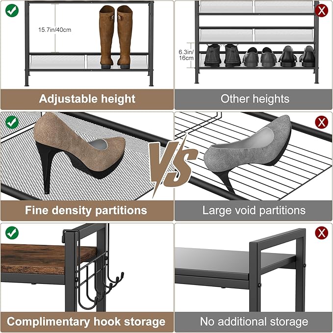 Refrze Shoe Rack for Front Door Entrance, 5 Tier Height-Adjustable Metal Shoe Rack, Sturdy Wooden Top and Tiltable Steel Frame Heavy Duty Shoe Organizer for Bathroom,Bedroom,Kitchen，Include Hook - Image 6