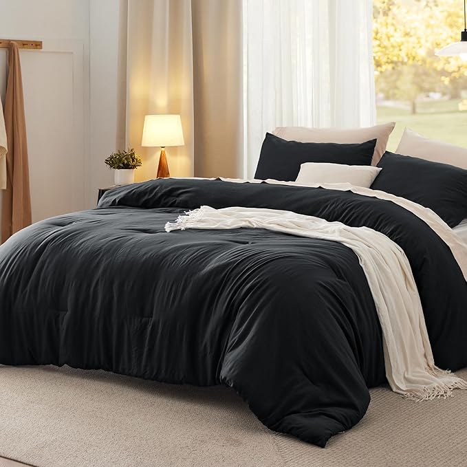 Bedsure King Comforter Set, Black Soft Prewashed Bedding for All Seasons, 3 Pieces GentleSoft™ Bed Set, 1 Lightweight Comforter (104"x90") and 2 Pillowcases (20"x36")