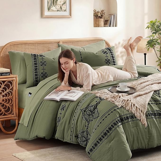 MaiRêve King Size Comforter Set Olive Green, Embroidery Floral Western Boho Bedding Set, All Season 7 Pieces Bed in a Bag with Sheets, Pillowcases & Shams