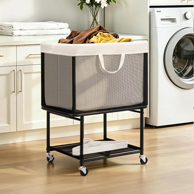 STO STO Rolling Laundry Hamper with Lockable Wheels, 29-Gallon (110L) Laundry Cart with Removable Canvas Bag, 2-Tier Clothes Basket Hamper with Shelf for Closet, Bedroom, Bathroom, Laundry Room - Image 2
