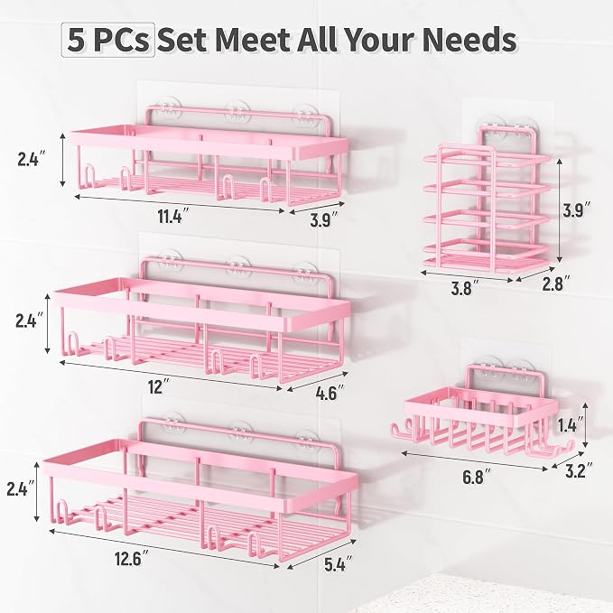Liuoud 5 Pack Shower Caddy Organizer Rack Shelf for Inside Shower, Adhesive Bathroom Wall Storage Basket Rustproof Stainless Steel Shampoo Holder, Girly Bathroom Accessory Decor Set, Pink - Image 2