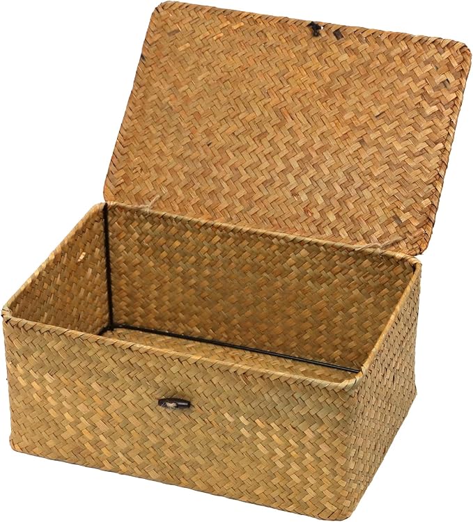 Wicker Storage Basket with Lid, Natural Seagrass Woven Shelf Basket for Storage, Rectangular Decorative Storage Bins Boxes Home Organizer Decor (Natural, Medium) by ORDELITE