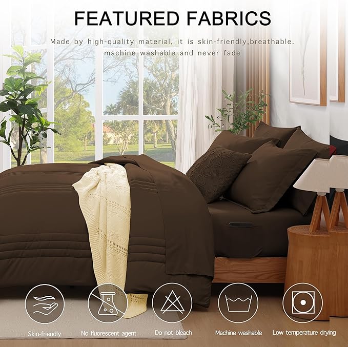 Monbix Queen Comforter Set - 7 Pieces Chocolate Brown Bed in a Bag Queen Size Bedding Sets with Comforters, All Seasons Comforter with Sheets, Pillowcases & Shams
