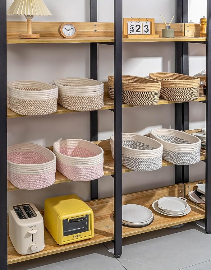 CubesLand Small Baskets, Storage Baskets for Organizing Shelves, Rectangular Woven Storage Basket Natural Cotton Rope Bins Closet Baby Nursery Empty Gifts Basket Off White/Mixed Gray - Image 9