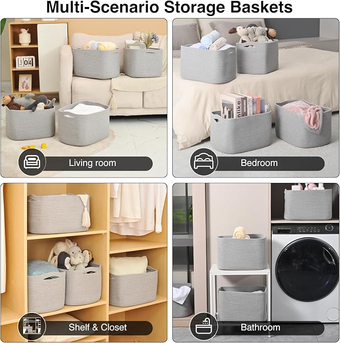 ICERZCZ Storage Baskets for Organizing & Shelves, Woven Cotton Rope Organization Bins for Dog Toys, Clothes, Books, Nursery Organizer, 15" Lx11 Wx9.5 H, (4 Packs) Grey - Image 5
