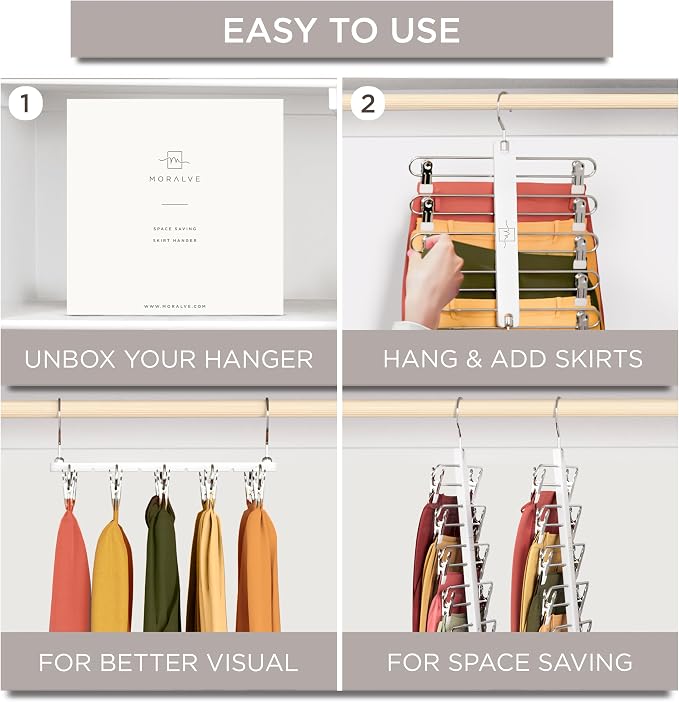 MORALVE Skirt Hangers Space Saving with Clips - 2 Pack - European Beechwood 5-Tier Hanger for Shorts, Skirts, and Pants - Closet Organizer and Storage Solution for Women with 360° Swivel Hook - Image 7