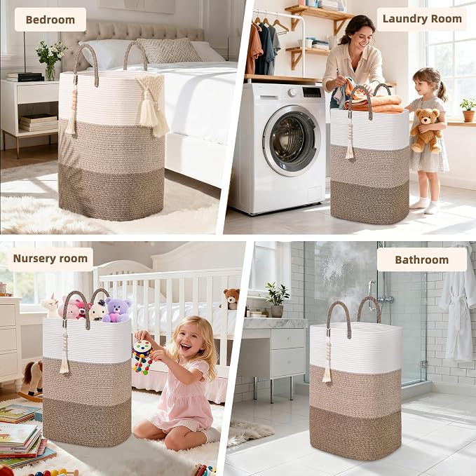 Woven Laundry Basket for Clothes,100 L Large Rectangle Laundry Hampers with Beads Tassel, Nursery Storage Basket for Toys, Tall Dirty Clothes Hamper for Bedroom Aesthetic, Laundry Room Organization - Image 5