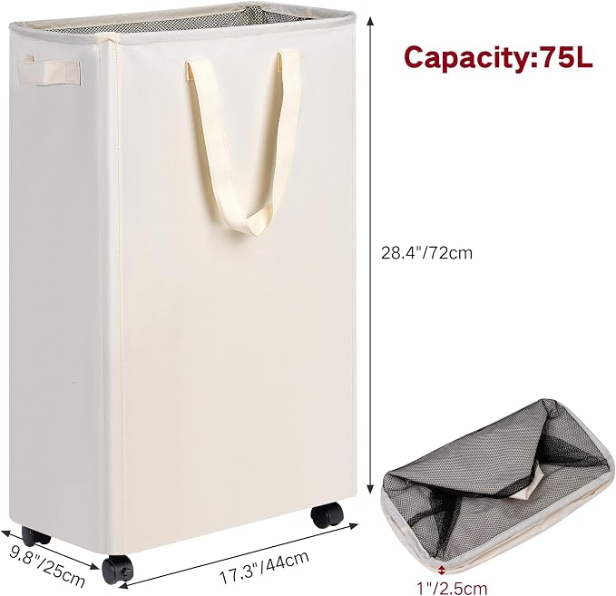 Slim Laundry Hamper with Wheels, Rolling Laundry Basket for Clothes, Small Laundry Basket for Bedroom, Dorm and Laundry Room, 75L (19.8 Gallons) Beige - Image 2