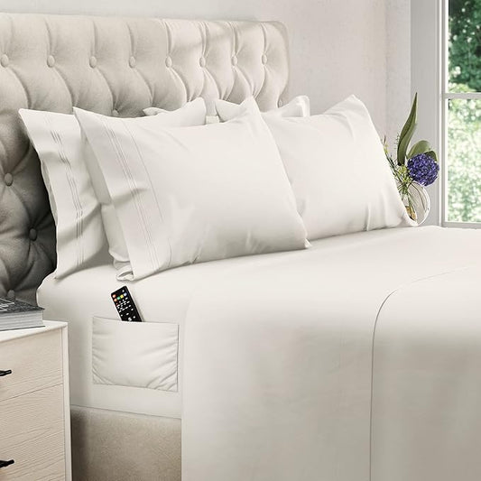 DREAMCARE King Size Sheets Set - 6 pcs Breathable Cooling Bed Sheets - up to 21" Extra Deep Pocket King Sheet Set with Side Pockets - Extra Soft 100% Brushed Hypoallergenic Hotel Luxury Bedding- Ivory