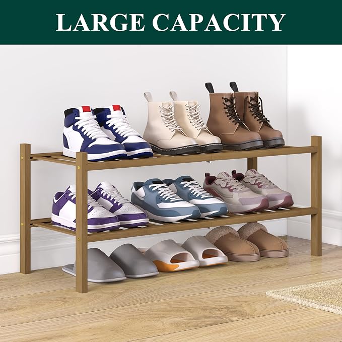 Smiry Bamboo Shoe Rack for Closet, 2 Tier Wooden Stackable Shoe Organizer, Free Standing Shoes Storage Shelf for Entryway, Front Door Entrance, Walnut - Image 5
