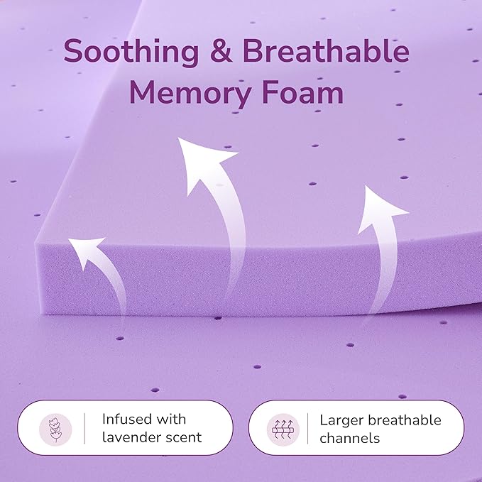 2 Inch King Lavender Infusion Memory Foam Mattress Topper for Relaxing Sleep, Ventilated & Pressure Relieving, CertiPUR-US Certified, Medium Firm Topper in a Box, King Size, 76"x80"