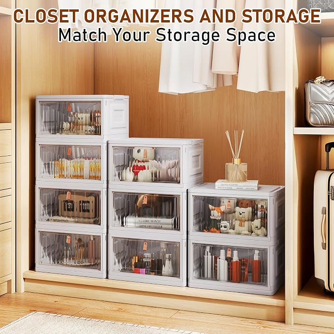 4 Tier Stackable Plastic Storage Bins with Lid and Wheels - 23 QT Closet Organizers and Storage, Foldable Storage Containers, Organization and Storage Boxes for Craft, Home, Pantry, Dorm, Grey - Image 4