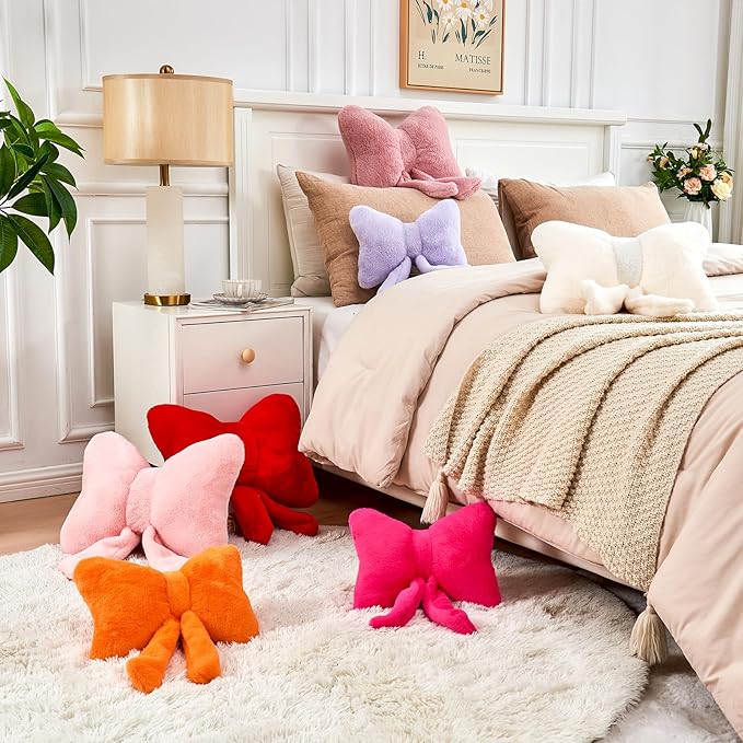 XVTRU Lavender Bow Pillow, Soft Bow Decorative Pillows with Faux Rabbit Fur, Cute 16" Bow Throw Pillows, Aesthetic Home Decor Bow Shaped Plush Pillow for Bedroom Sofa Couch