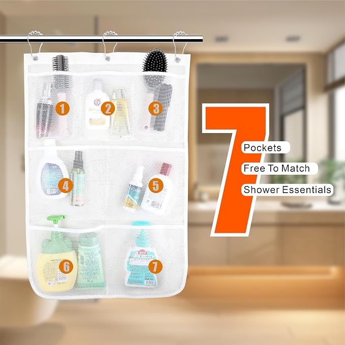 Mesh Shower Caddy Hanging, 7 Pockets Hanging Bathroom Organizer with Quick Dry Mesh, Portable, Can Store Soap, Loofah Shampoo and Cruise Ship Essentials, 17 Inch by 26 Inch, White, 2 Pack - Image 3