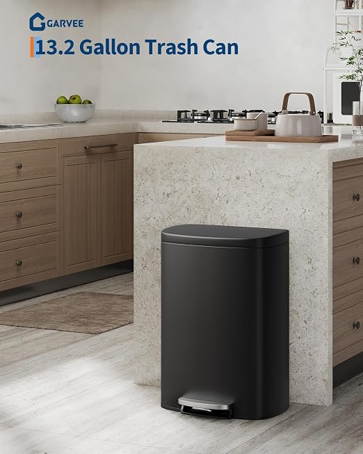 Garvee 13 gal / 50 L Metal Kitchen Trash Can with Lid, Large Rustproof Garbage Can for Kitchen, Step-on Trash Bin with Inner Bucket, Rear Handle, Soft Close Lid, Black - Image 2