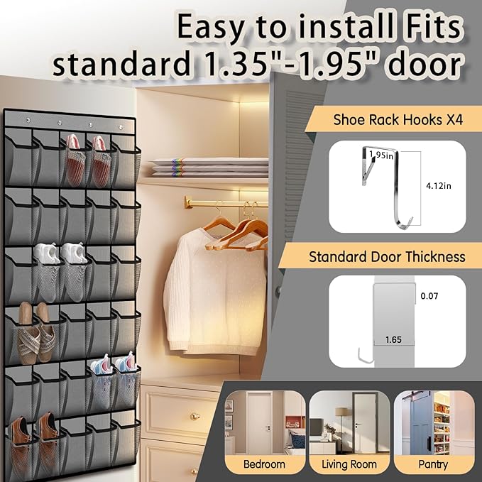 Kotkn Over the Door Shoe Organizer with 30 Breathable Mesh Pockets - Large Capacity Closet Storage for Men & Women, Hanging Shoe Rack Organizer (Gray) - Image 6
