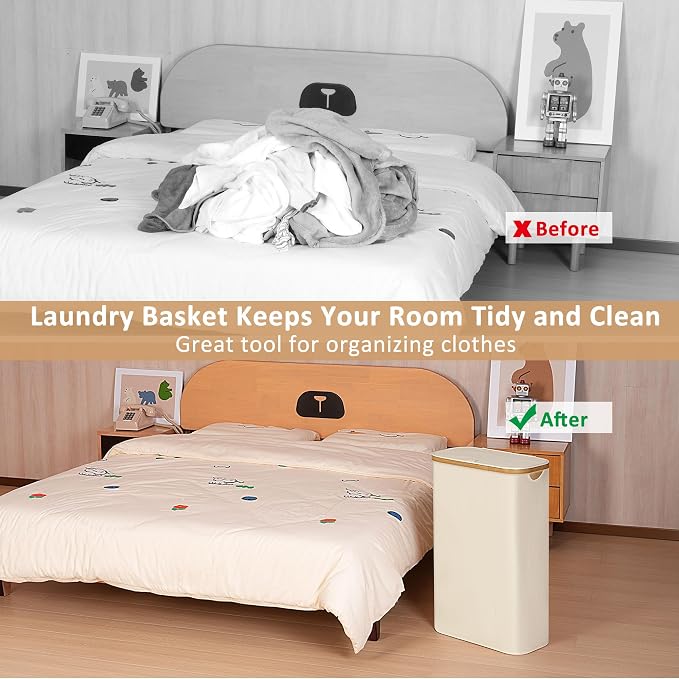 iEGrow 65L Slim Laundry Hamper, Narrow Laundry Basket with Lid,Foldable Clothes Hamper with Bamboo Handles,Hamper Basket with Removable Inner Bag for Laundry Room Bedroom College Dorm,17.17 Gals Beige - Image 3