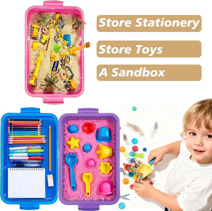 4 Qt (3.8L) Sensory Bin With Lid - 3 Pack, Stackable Storage Sensory Bins with Lids, Portable Sandbox, Organizers Sand, Arts, Crafts, (Blue, Purple, Pink) - Image 4