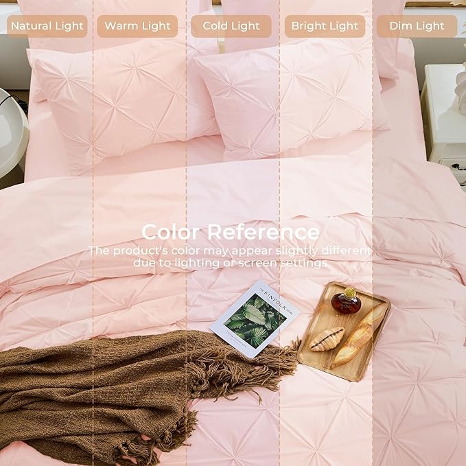 Sasttie King Size Comforter Set, 7-Piece Bed in a Bag, Pintuck Bedding Set for All Season, Includes Comforter, Flat Sheet, Fitted Sheet, Pillowcases and Pillowshams, Blush Pink