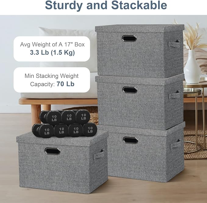 Graciadeco Large 17" 36 Quart Collapsible Stackable Storage Bins with Lids, 3 Packs Black and White Mix Linen Fabric Closet Boxes with Lids, Storage Cube Baskets Container Organizers (17x12x11) - Image 3