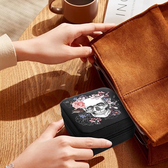 Skull Sugar Flowers Black Jewelry Box Portable Travel Jewelry Case Jewellery Organizer Storage Travel Essentials Earrings Box Ring Case Halloween Gifts for Women Girlboo Basket Stuffers - Image 6