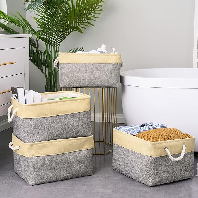 TheWarmHome Storage Basket for Organizing - 3 Pack 14x10x7 inch Large Collapsible Storage Bin for Shelves, Fabric Storage Cubes for Organizer ClosetCloth Gift Toy (Grey & Gold) - Image 3