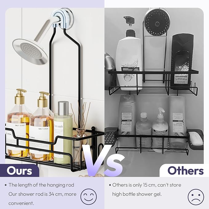 SWTYMIKI Bathroom Shower Caddy Hanging - Extended Length 2 Tier Rustproof Over Shower Head Organizer, No Drilling Bathroom Shelf with 14 Hooks & Soap Holder, Anti-Swing Rack, Black, Medium - Image 3