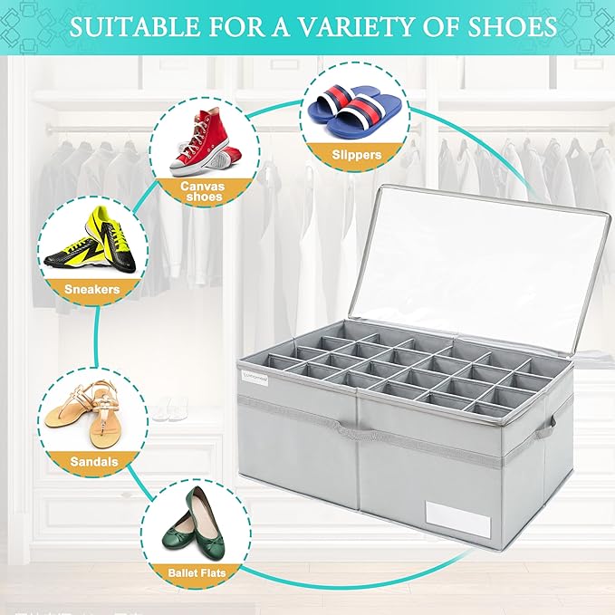 LUVHOMEE Shoe Organizer for Closet, Fits 24 Pairs, Large Shoe Box Storage Containers, Clear Foldable Shoe Storage Bins w/Bottom Support, Space Saving Closet Shoes Holder w/Reinforced Handles, Gray - Image 3