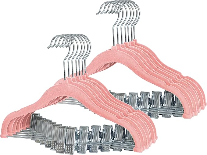 Finnhomy Non-Slip Clothes Hangers for Baby and Kids 20-Pack Velvet Hangers with Movable Clips, Heavy-Duty and Space-Saving for Pants,Skirts, Coat, Pink by Finnhomy