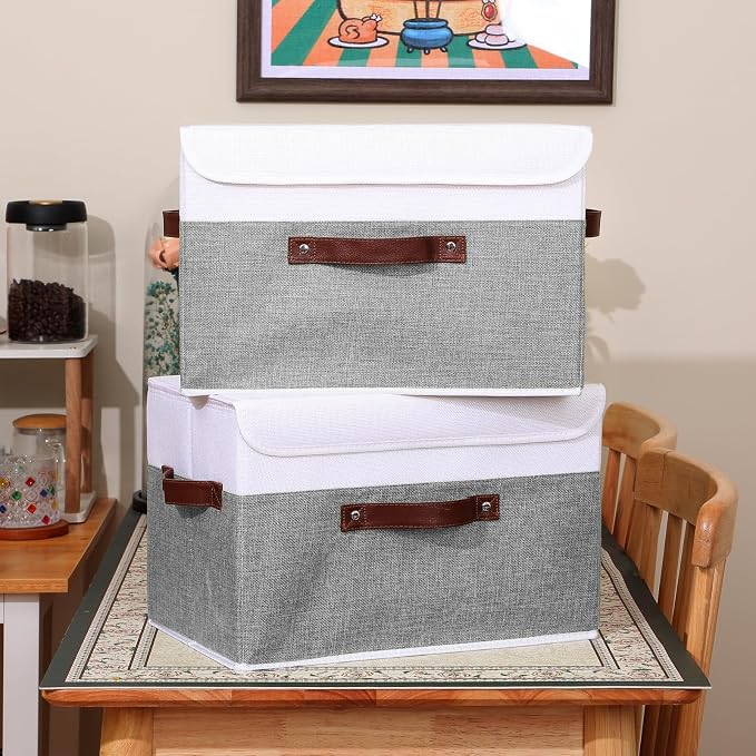 ANMINY 4PCS Storage Boxes with Lid Washable Decorative Storage Bins Basket with PU Leather Handle Foldable Linen Fabric Storage Cubes Containers for Home Closet Organizer - Gray White, Large Size - Image 6