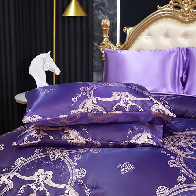 Purple Jacquard Comforter King Bedding with Satin Sheet Set Royal Embroidery Neoclassical Floral Home Decor Soft Luxury Hotel Bed in a Bag 8 Pcs
