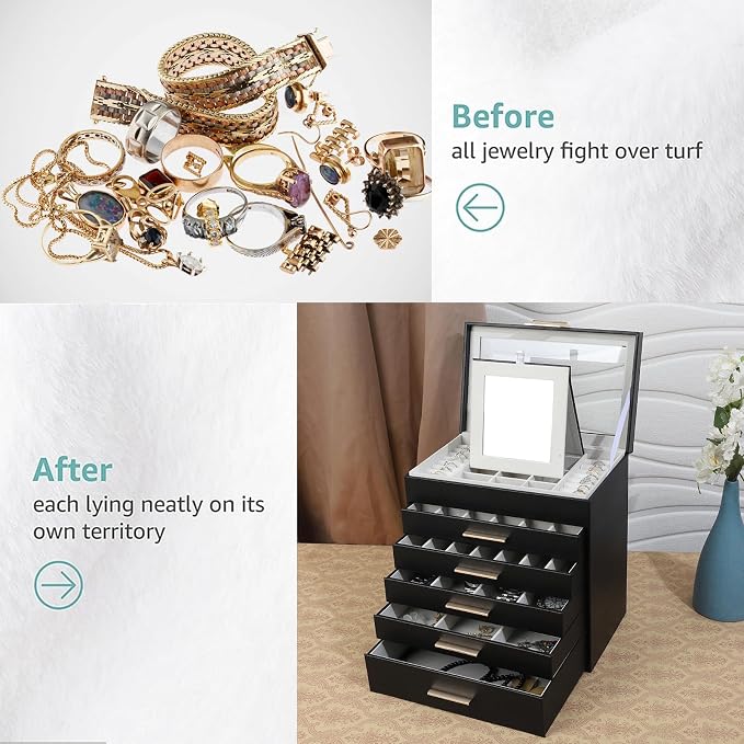 BOOVO Jewelry Boxes for Women, White and Black 6 Layer Large Jewelry Box for Necklace, Bracelet, Earrings, Rings Storage, Jewelry holder Organizer for Girls Gift (Clear Black, 6 layer) - Image 6