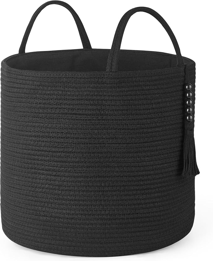 Mkono Woven Storage Basket Decorative Natural Rope Basket Wooden Bead Decoration for Blankets,Toys,Clothes,Shoes,Plant Organizer Bin with Handles Living Room Home Decor, 16" W×13.8" L, Black by Mkono