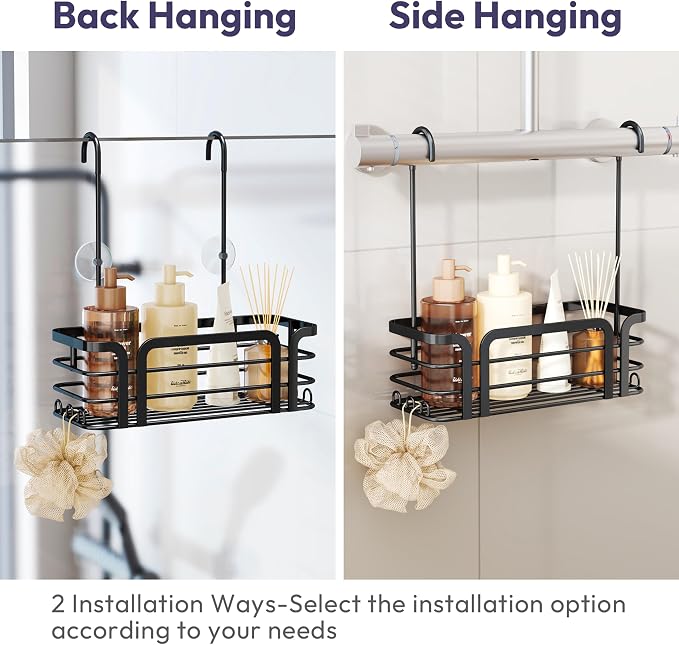 SWTYMIKI Shower Caddy Hanging Organizer - Over the Door Shower Caddy with 6 Hooks, 2 Installation Ways, Stainless Steel Rustproof Bathroom Organizer, Black - Image 3