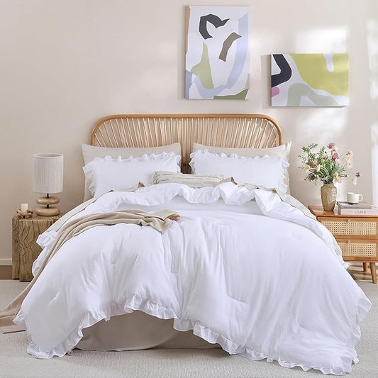 JANZAA Twin Comforter Set White Comforter Ruffled Comforter Set Soft Twin Size Bed Set Vintage Farmhouse Bed Comforter Set Fluffy Shabby Chic Bedding with 1 Pillowcase