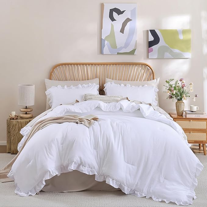 JANZAA Queen Comforter Set White Comforter 3PCS (1 Ruffle Comforter and 2 Pillowcases) Vintage Farmhouse Shabby Chic Bedding Soft Fluffy Bed Set Queen All Season