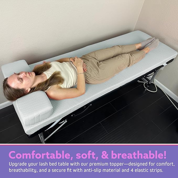 Lash Bed Foam Topper – 2.5 Inch Thick Memory Foam Massage Table Pad with Corner Straps & Anti-Slip Base, Comfortable Spa or Facial Bed Topper for Lash Extensions & Salon Use – White