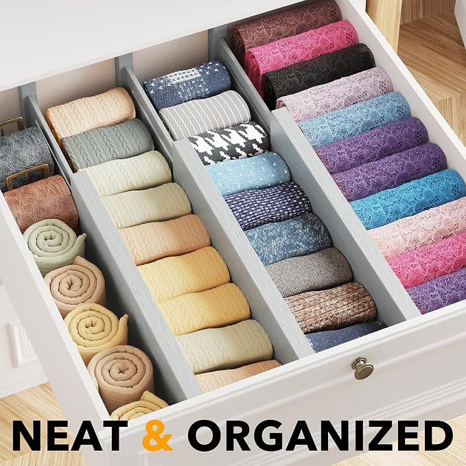 SpaceAid Bamboo Dresser Drawer Dividers 6 Pack, 4.65“ High Adjustable 12.5“-17” Drawer Organizers, Expandable Organization for Clothing, Clothes, Dressers, Gray - Image 2