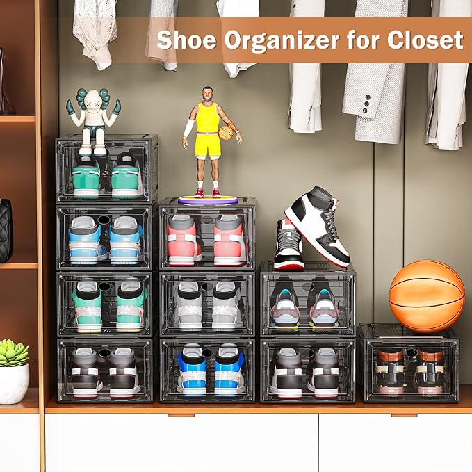 caktraie 10 Pack Thicken Shoe Organizer Stackable,Upgraded Sturdy Shoe Storage Box with Magnetic Door,Shoe Containers For Sneaker Display,Hat Organizer,Black… - Image 3