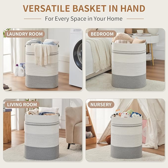 AINUOQI Laundry Basket with Handles - Blanket Basket & Hampers for Bedroom Aesthetic, Laundry Hamper & Blanket Storage for Living Room, Clothes Hamper, Tall, Large 17" x 14" x 22”, Grey - Image 3