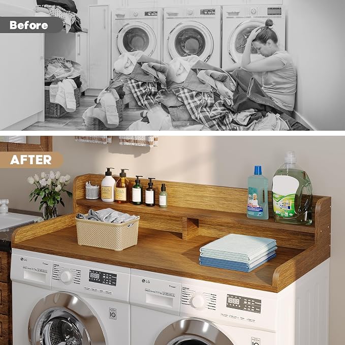 2-Tier Washer Dryer Countertop with 2.75" H Edge Rails, 58" W x 28" D Laundry Countertop for Folding Clothes, Washer and Dryer Topper with Non-Slip Pad (Brown) - Image 7