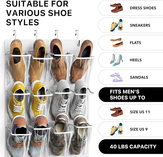 Simple Houseware 24 Pockets Large Clear Pockets Over The Door Hanging Shoe Organizer, White (56" x 22.5") - Image 3