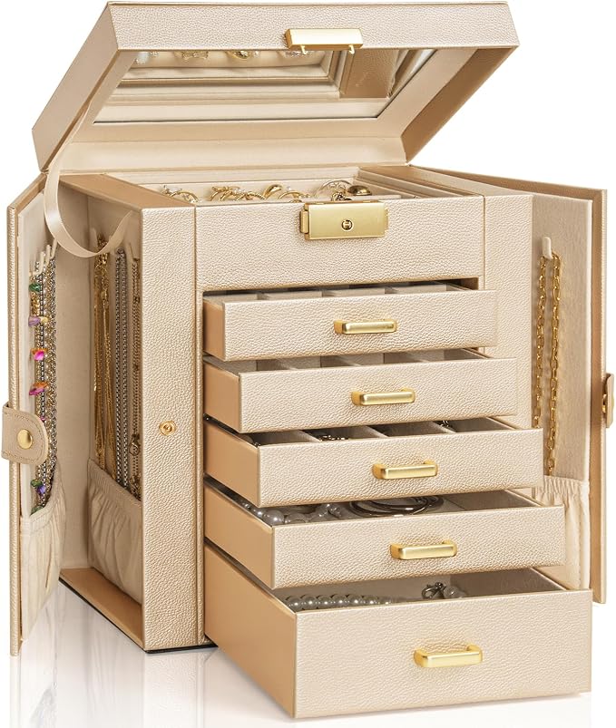 AKOZLIN 6-Tier Jewelry Box Lockable Leather Jewelry Storage Case with 5 Drawers for Women Girls Ring Necklace Earring Bracelet Holder Organizer with Mirror by AKOZLIN