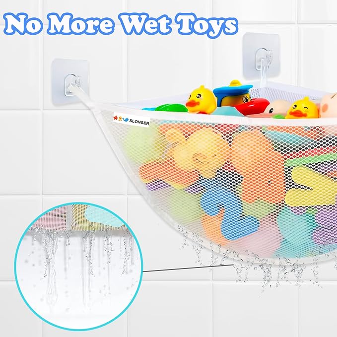 Bath Toy Storage Organizer for Bathtub – Large Mesh Bath Toy Holder & Bath Toy Net, Corner Bathtub Toy Storage with 3 Strong Suction Cups, 3 Adhesive Hooks, Quick-Dry Toy Holder for Tub & Shower - Image 2