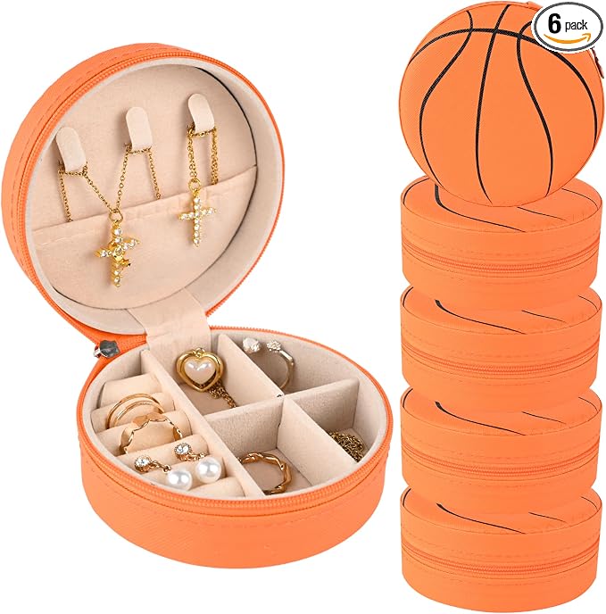 6 Packs Basketball Travel Jewelry Case Round Basketball Stuff Small Portable PU Leather Jewelry Box Organizer Storage Case for Team Athletes & Sports Enthusiasts Christmas Events & Milestones by Mindoub