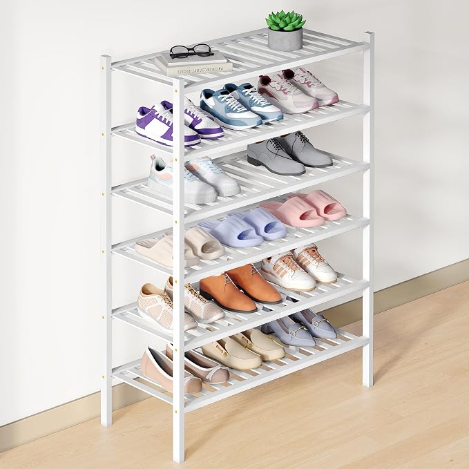 Smiry Bamboo Shoe Rack for Closet, 6 Tier Wooden Stackable Shoe Organizer, Free Standing Shoes Storage Shelf for Entryway, Front Door Entrance, White by Smiry