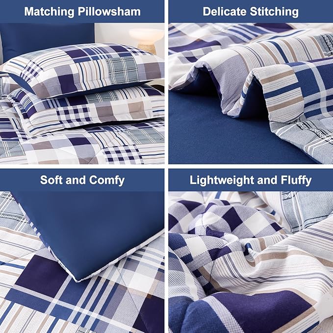 Comforter Set King Size Plaid Patchwork Comforter Bedding-7 Piece Bed in a Bag,Soft Fluffy Reversible Microfiber Bedding Set(1 Comforter,1 Flat Sheet,1 Fitted Sheet,2 Pillowcases,2 Pillow Shams),Navy