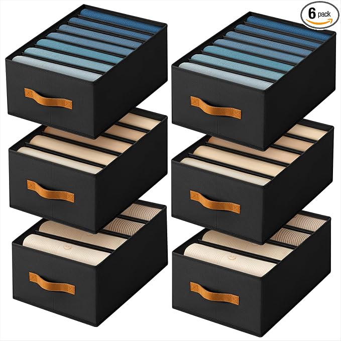 Homsorout Clothes Organizers and Storage - 4/5/7 Grids Fabric Jeans Organizer with Handles, Foldable Closet Organizers Dividers, Wardrobe organizer for Pant, Sweater, T-shirt, Scarf, 6 Pack, Black by Homsorout