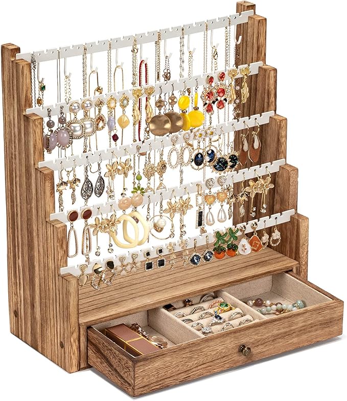 Pinzoveco Earring Organizer, 5 Layer Earring Holder Organizer with Necklace Holder Pole, Rustic Wood Jewelry Organizer Stand Display for Stud Earring Bracelet Necklace Ring, 175 Earring Holes by Pinzoveco